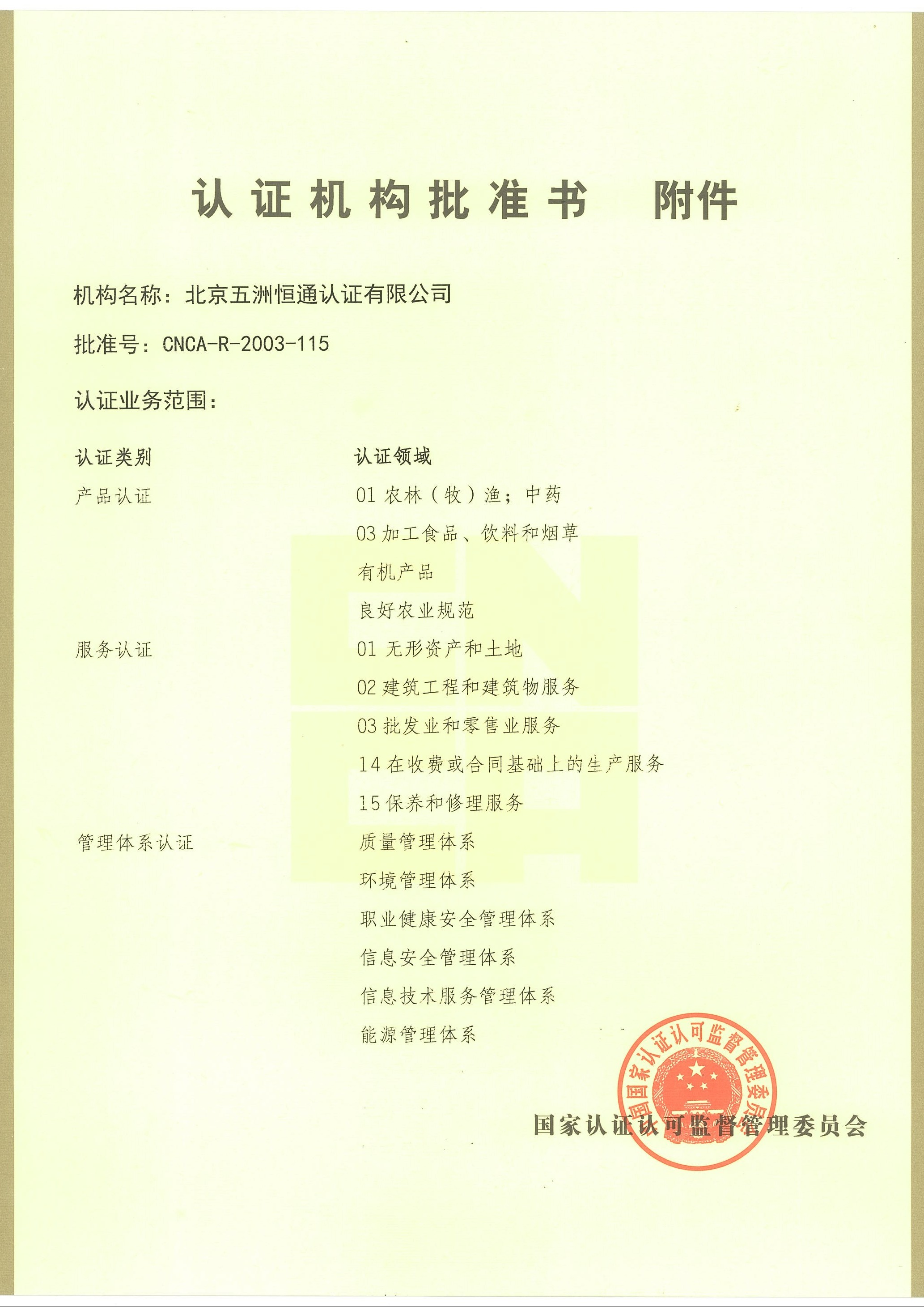 認證機構批準書附件